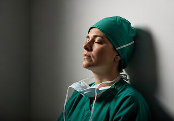 Exhausted Surgeon Resting Against Wall, Eyes Closed.