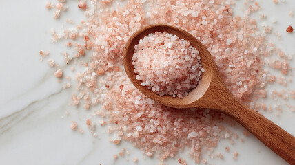 Pink Himalayan salt in wooden spoon on marble surface, evoking natural and organic vibes