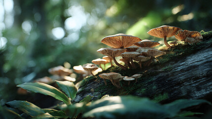 Mushrooms growing on mossy log in lush forest, illuminated by soft sunlight