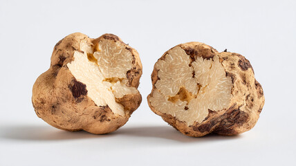 Fresh white truffle cut in half showing its intricate texture and earthy appearance