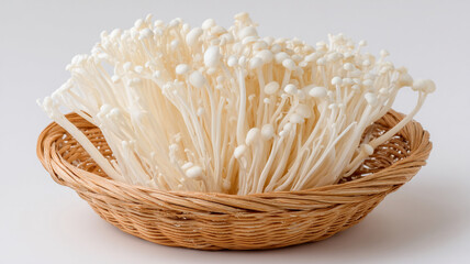 Fresh enoki mushrooms in woven basket on white background