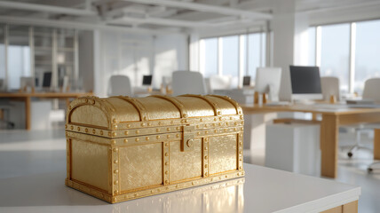 Overflowing treasure chest in modern office illustrating wealth legacy and prosperous business growth