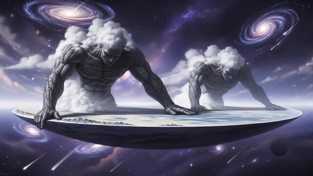 flat eart cosmic giants holding earth in mystical universe