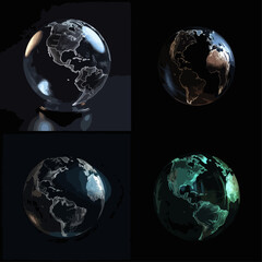 Obraz premium Digital graphic representation of Earth, displayed on four distinct, translucent spheres against a dark backdrop. Each sphere shows different lighting and color variations.
