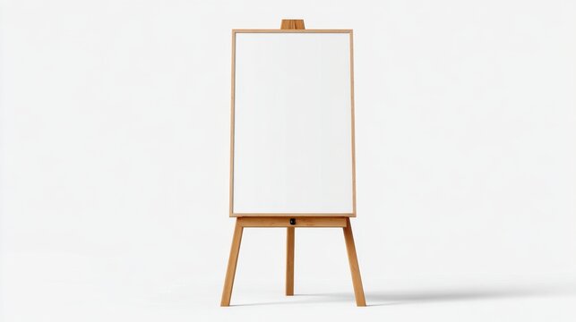 A blank wooden easel with a white stands ready, offering a space for presentations, art, or displaying information against a clean background.