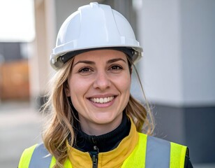 Portrait of a confident, smiling female engineer or construction worker in a white hard hat and high-visibility vest. Professional woman ready for work on site.