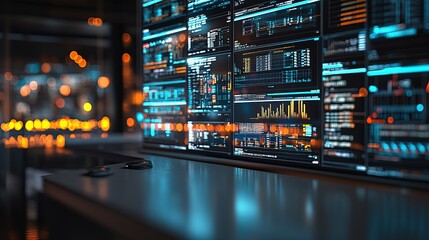 Multiple glowing computer screens displaying abstract digital data and code in a dark server environment