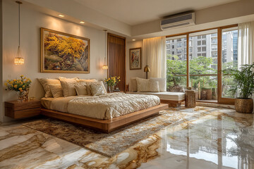 Fototapeta premium Beige bedroom shines, featuring marble floors and warm lighting for interior design, real estate, or luxury lifestyle.
