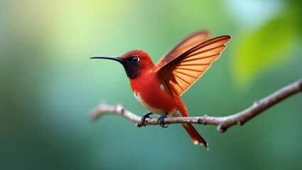 Vibrant red hummingbird perched on a branch with outstretched wings.