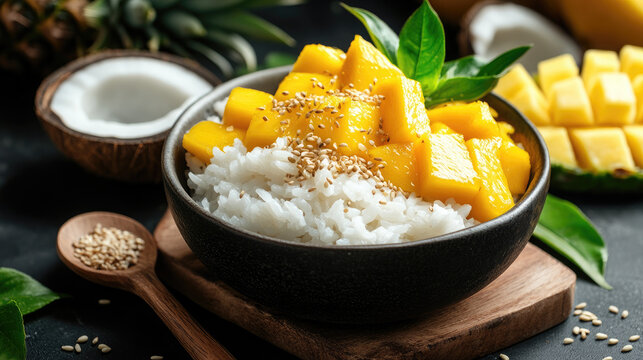 Tropical slices of mango and pineapple served over coconut sticky rice, finished with a coconut milk drizzle and sesame garnish. - Powered by Adobe