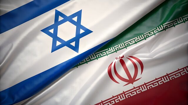 Israeli and iranian flags intertwined isolated on transparent background