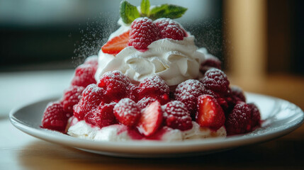 A crisp pavlova layered with whipped cream, finished with ripe strawberries, raspberries, and a sprinkle of powdered sugar.