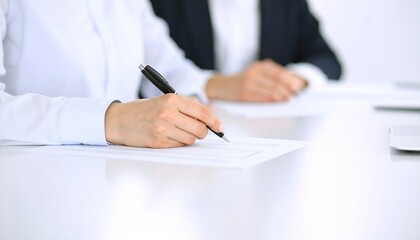 Woman holding pen while writing on paper report at office desk, focused expression, professional setting, business concept, organized workspace, productivity, planning, and documentation process