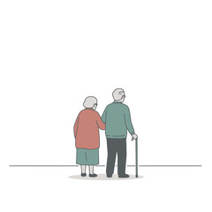 Elderly Couple Walking Together, Minimalist Illustration