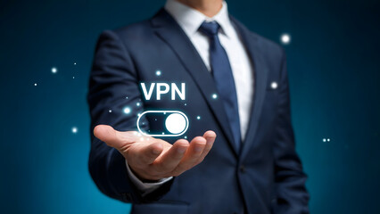 Secure your connection with VPN, business man presenting modern digital security solution, network protection