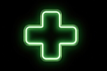 Obraz premium Vibrant Green Neon Medical Cross Sign Glowing in Dark Background - Modern Symbol of Healthcare and Pharmaceuticals