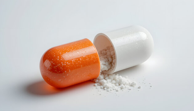 Single pill capsule sliced open showing microcrystalline granules, zoomed close-up, white background, clean infographic style