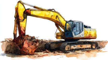 Yellow excavator digs earth