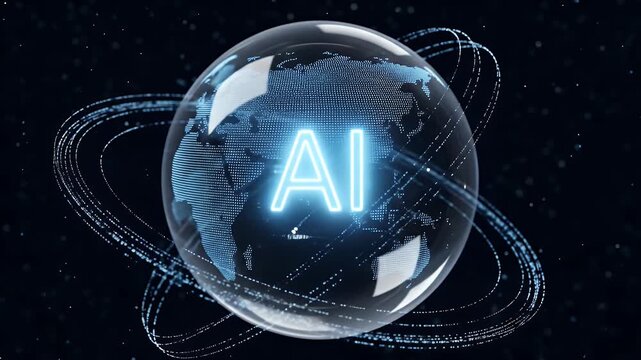 Dynamic Animation of a Glowing AI Logo Inside a Rotating Digital Earth with Orbiting Data Streams.
