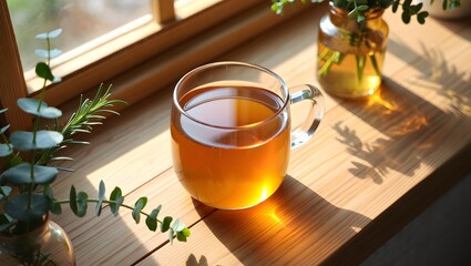 Golden herbal tea in glass mug on wooden surface next to sunlit window with plants and shadows