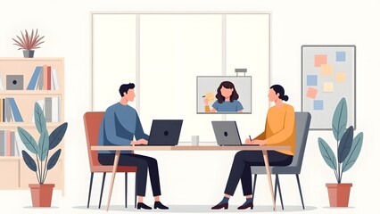 People on a vicoworkers having a professional discussion in a modern office setting  seated with laptops on a meeting table teamwork, business, collaboration, and corporate meetingdeo call flat vector