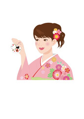 馬の土鈴を持つ人 着物 正月 年賀状 女性 イラスト ベクター