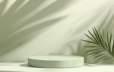 A simple, empty white podium sits on a surface with a green wall behind it. Palm leaf shadows are cast on the wall and from leaves on either side.