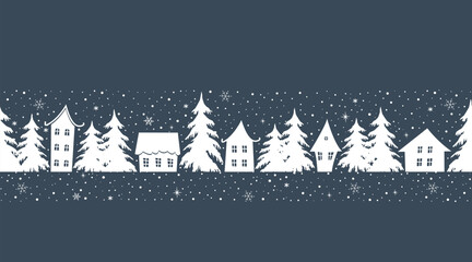 Christmas Seamless Border. Banner. Winter Village. White Silhouettes of Houses, Trees. Snow. Snowflakes. Greeting Card, Invitation Template. Stencil. Vector Illustration on Dark Blue Background