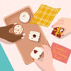 Women having birthday cakes, celebration illustration design
