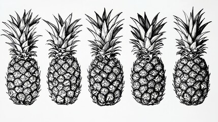 Fototapeta premium Detailed botanical illustrations of pineapples against a simple backdrop. 