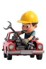 Fototapeta premium Cartoon character mechanic working on a classic car.