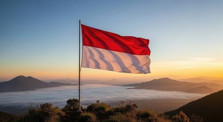 National flag over mountain range sunrise