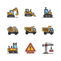 A set of nine colorful line art icons depicting various construction vehicles and equipment.