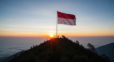 National flag on mountain sunrise