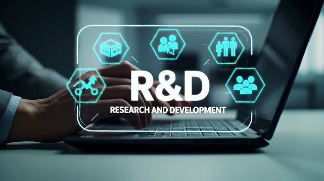Hands on Laptop with R&D Graphic Overlay Representing Innovation and Business Development in Bright Futuristic