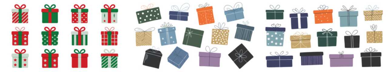 Colorful Assortment of Decorative Gift Boxes with Ribbons and Various Patterns Isolated on White Background