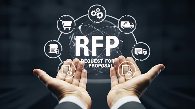 Hands Reach Up with Glowing Rfp Icon and Circular Icons for Business Proposal on Dark Background
