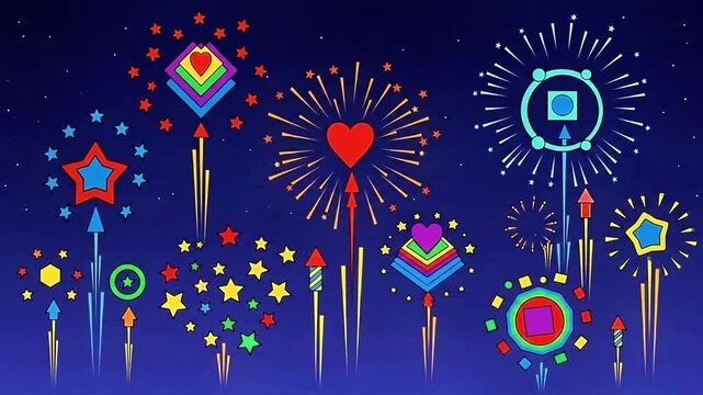 Colorful fireworks display animation with hearts and stars against a dark blue background art design