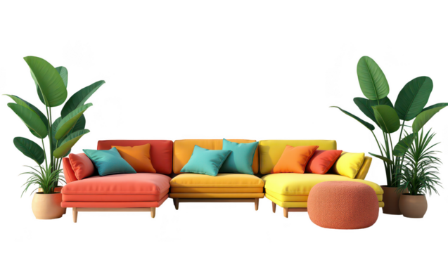 Colorful sectional sofa with accent pouf and plants.