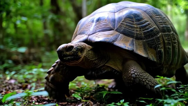 A large tortoise ambles along a forest path, its shell intricately patterned