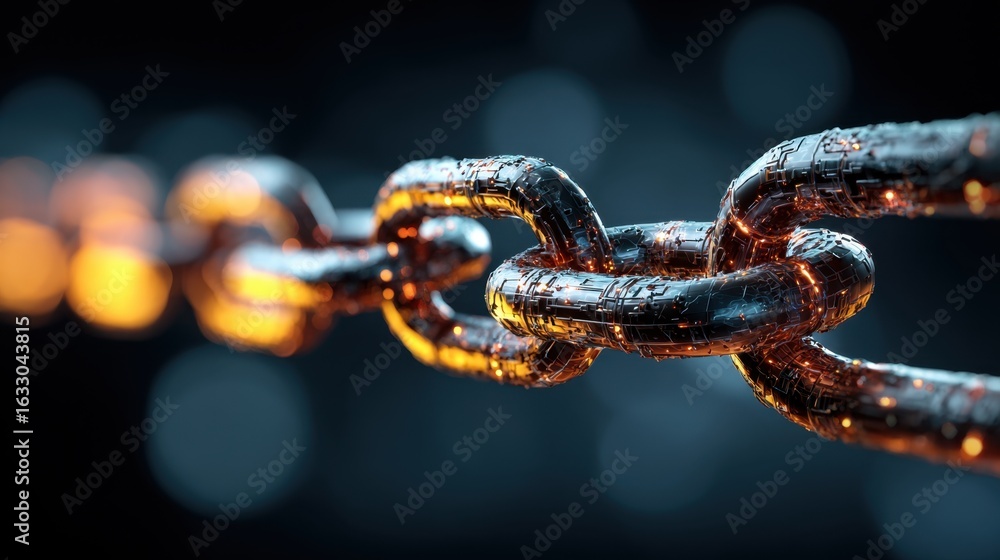 Poster a close-up view of a metallic chain with glowing internal structures, representing interconnectednes