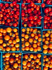 tiny hybrid tomatoes in square green plastic baskets on the tabletop at farmers market