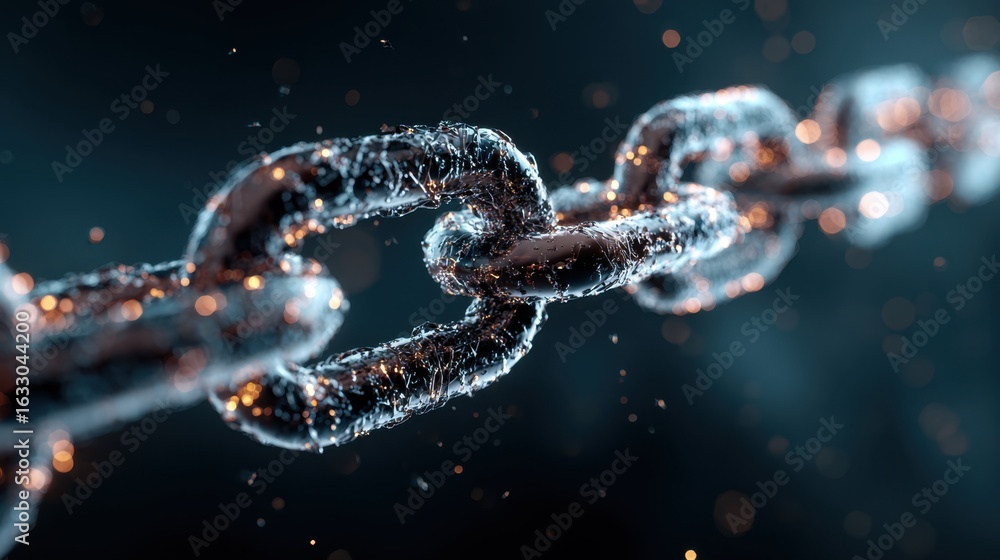 Poster a close-up view of a metallic chain with glowing particles, symbolizing connection, security, and di