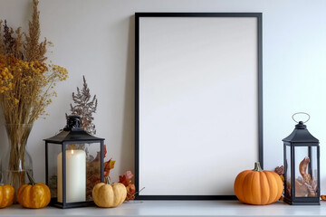 Obraz premium A blank, vertical black picture frame is a centerpiece surrounded by autumn decor. The decorations include pumpkins, lanterns with candles, dried leaves, and tall grasses.