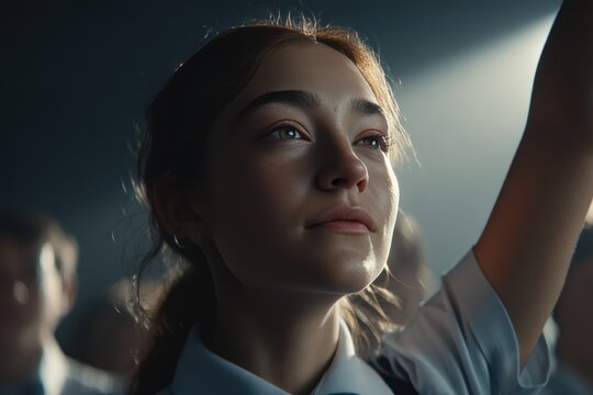 Determined High School Student Raising Hand During Classroom Discussion, Emphasizing Focus and Participation
