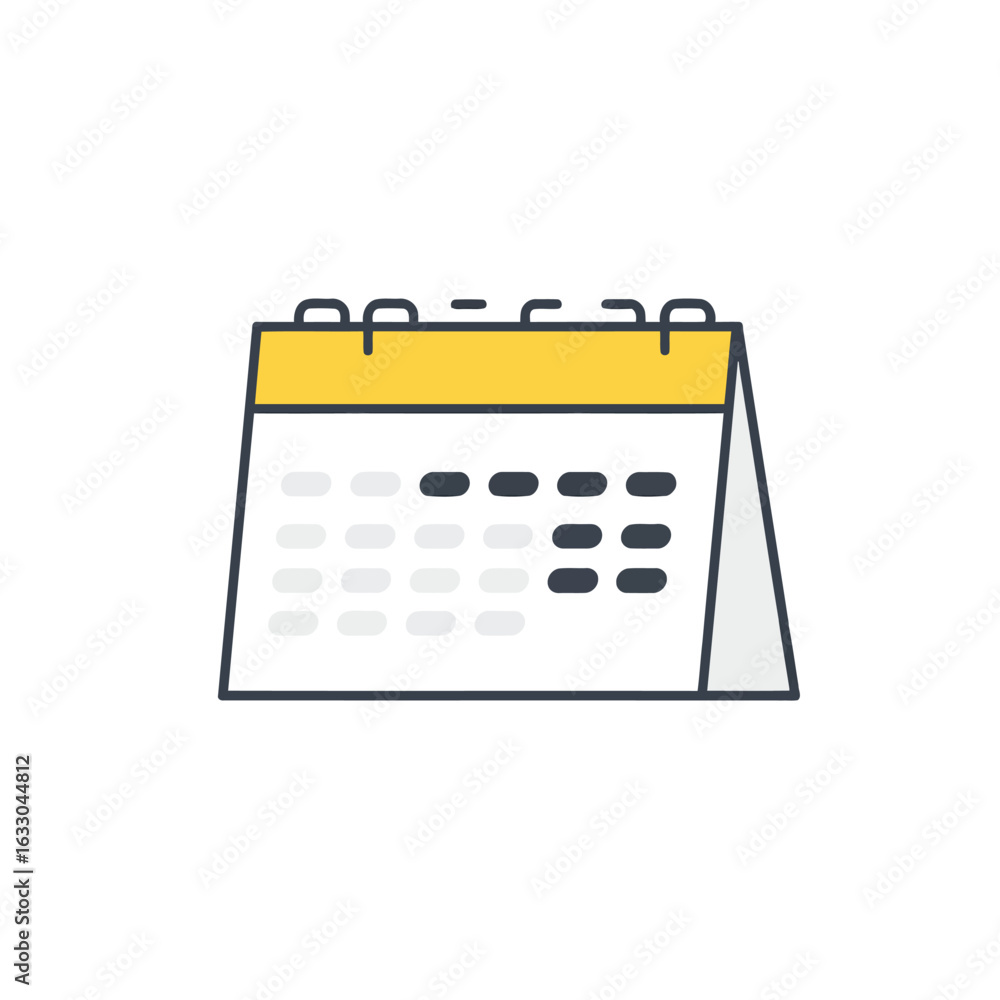 Poster desktop calendar with yellow header and grey spiral binding showing dates planning schedule