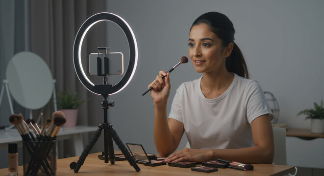 Young Woman Applying Makeup with a Brush While Filming Herself with a Ring Light for a Social Media Video - Powered by Adobe