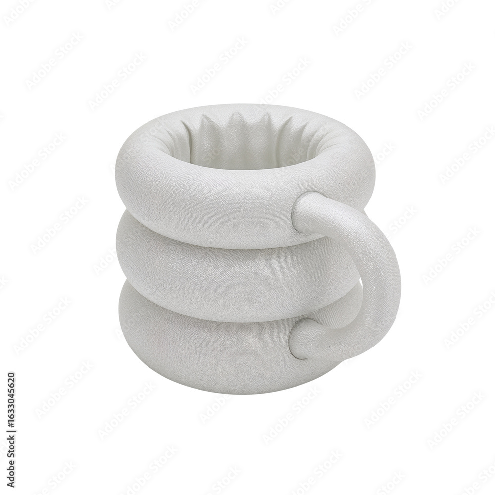 Poster conceptual ceramic teacup design with a playful ringed structure set against a clean space