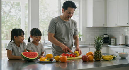 A Father Preparing Healthy Fruit Salad With His Two Happy Daughters in a Bright Sunny Kitchen During Daytime Enjoying Family Time Together