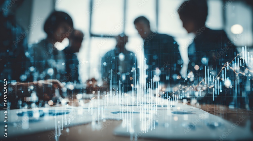 Poster a collaborative team analyzes data and charts during a meeting, visualizing insights and strategies 